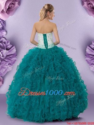 Fantastic Teal Lace Up Ball Gown Prom Dress Beading and Ruffles Sleeveless Floor Length