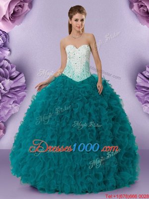 Fantastic Teal Lace Up Ball Gown Prom Dress Beading and Ruffles Sleeveless Floor Length