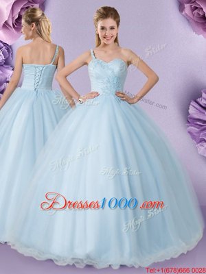 Chic One Shoulder Light Blue Ball Gowns Appliques Quince Ball Gowns Lace Up Tulle Sleeveless Floor Length