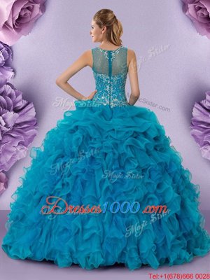 Enchanting Teal Zipper Scoop Beading and Ruffles 15 Quinceanera Dress Organza Sleeveless