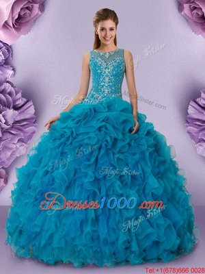 Enchanting Teal Zipper Scoop Beading and Ruffles 15 Quinceanera Dress Organza Sleeveless