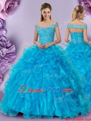 Designer Off the Shoulder Baby Blue Sleeveless Beading and Lace and Ruffles Floor Length Quince Ball Gowns