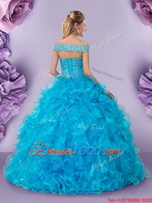 Designer Off the Shoulder Baby Blue Sleeveless Beading and Lace and Ruffles Floor Length Quince Ball Gowns