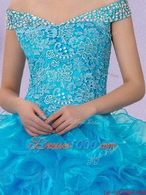 Designer Off the Shoulder Baby Blue Sleeveless Beading and Lace and Ruffles Floor Length Quince Ball Gowns