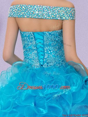 Designer Off the Shoulder Baby Blue Sleeveless Beading and Lace and Ruffles Floor Length Quince Ball Gowns