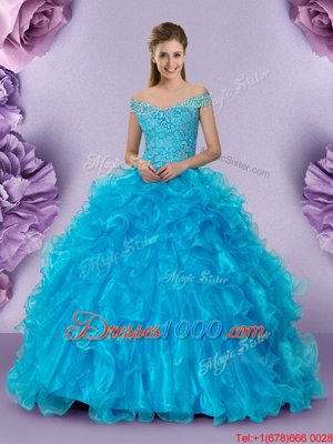 Designer Off the Shoulder Baby Blue Sleeveless Beading and Lace and Ruffles Floor Length Quince Ball Gowns