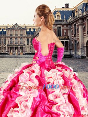 Stunning Hot Pink Lace Up Strapless Beading and Ruffles and Pick Ups 15th Birthday Dress Organza and Taffeta Sleeveless