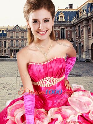 Stunning Hot Pink Lace Up Strapless Beading and Ruffles and Pick Ups 15th Birthday Dress Organza and Taffeta Sleeveless