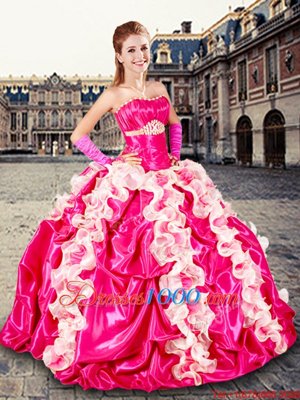 Stunning Hot Pink Lace Up Strapless Beading and Ruffles and Pick Ups 15th Birthday Dress Organza and Taffeta Sleeveless