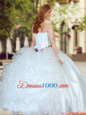 Suitable White Sleeveless Beading and Appliques and Ruffles Floor Length Quinceanera Gowns