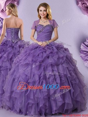 Suitable Sweetheart Sleeveless Quinceanera Gowns Floor Length Beading and Ruffles Purple Organza