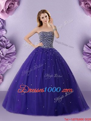 Great Purple Strapless Neckline Beading Quinceanera Gowns Sleeveless Lace Up