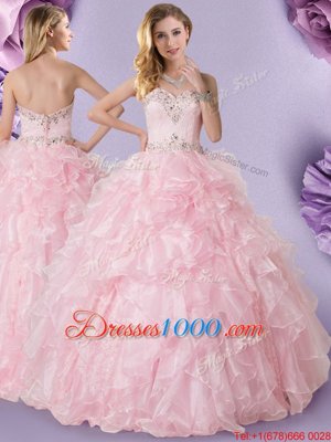 Customized Baby Pink Sleeveless Organza Lace Up Sweet 16 Quinceanera Dress for Military Ball and Sweet 16 and Quinceanera