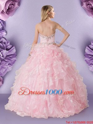 Customized Baby Pink Sleeveless Organza Lace Up Sweet 16 Quinceanera Dress for Military Ball and Sweet 16 and Quinceanera