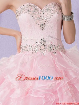 Customized Baby Pink Sleeveless Organza Lace Up Sweet 16 Quinceanera Dress for Military Ball and Sweet 16 and Quinceanera