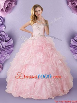 Customized Baby Pink Sleeveless Organza Lace Up Sweet 16 Quinceanera Dress for Military Ball and Sweet 16 and Quinceanera