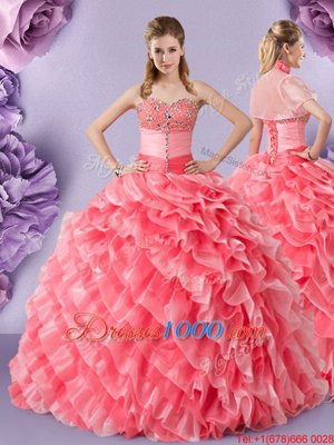 Chic Watermelon Red Organza Lace Up 15 Quinceanera Dress Sleeveless Floor Length Lace