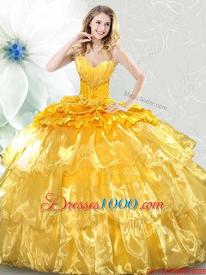 Elegant Sequins Ruffled Ball Gowns Sleeveless Gold 15th Birthday Dress Lace Up