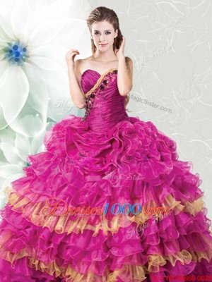 Extravagant Fuchsia Sweetheart Neckline Ruffles and Ruffled Layers Quinceanera Gown Sleeveless Lace Up