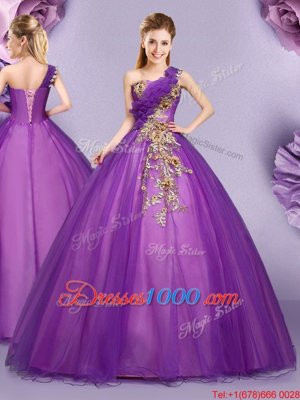 One Shoulder Floor Length Purple Sweet 16 Dress Tulle Sleeveless Appliques and Ruffles