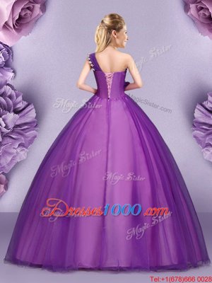 One Shoulder Floor Length Purple Sweet 16 Dress Tulle Sleeveless Appliques and Ruffles