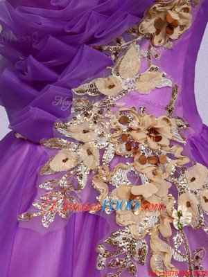 One Shoulder Floor Length Purple Sweet 16 Dress Tulle Sleeveless Appliques and Ruffles