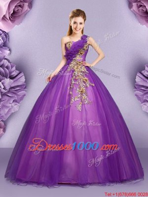 One Shoulder Floor Length Purple Sweet 16 Dress Tulle Sleeveless Appliques and Ruffles