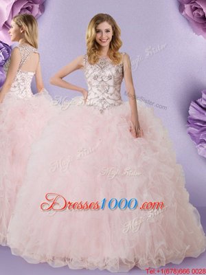 Baby Pink Lace Up Scoop Lace Quinceanera Gown Tulle Sleeveless