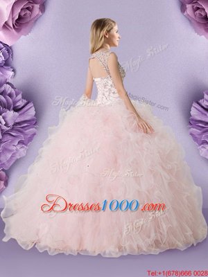 Baby Pink Lace Up Scoop Lace Quinceanera Gown Tulle Sleeveless