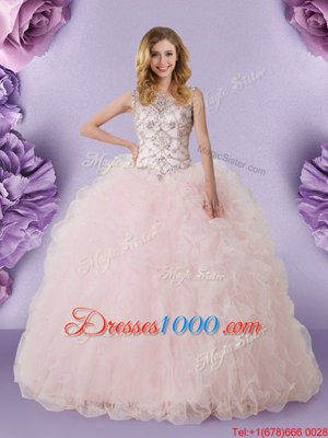 Baby Pink Lace Up Scoop Lace Quinceanera Gown Tulle Sleeveless