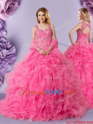 Free and Easy Straps Straps Hot Pink Lace Up Quinceanera Gown Lace Sleeveless Floor Length