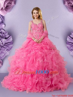 Free and Easy Straps Straps Hot Pink Lace Up Quinceanera Gown Lace Sleeveless Floor Length