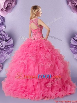 Free and Easy Straps Straps Hot Pink Lace Up Quinceanera Gown Lace Sleeveless Floor Length