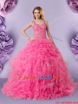 Free and Easy Straps Straps Hot Pink Lace Up Quinceanera Gown Lace Sleeveless Floor Length