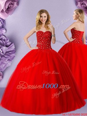 High Quality Ball Gowns Quinceanera Dresses Red Sweetheart Tulle Sleeveless Floor Length Lace Up