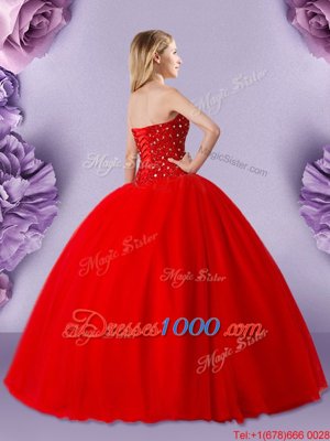 High Quality Ball Gowns Quinceanera Dresses Red Sweetheart Tulle Sleeveless Floor Length Lace Up