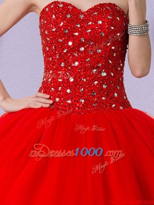 High Quality Ball Gowns Quinceanera Dresses Red Sweetheart Tulle Sleeveless Floor Length Lace Up