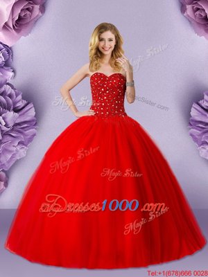 High Quality Ball Gowns Quinceanera Dresses Red Sweetheart Tulle Sleeveless Floor Length Lace Up