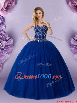 Customized Royal Blue Tulle Lace Up Sweetheart Sleeveless Floor Length 15 Quinceanera Dress Beading