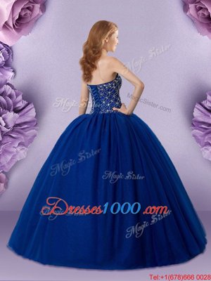 Customized Royal Blue Tulle Lace Up Sweetheart Sleeveless Floor Length 15 Quinceanera Dress Beading