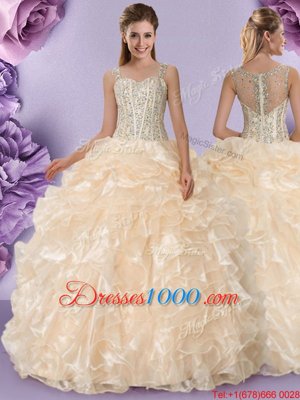 Champagne Ball Gowns Straps Sleeveless Organza Floor Length Zipper Beading and Ruffles Quinceanera Gowns