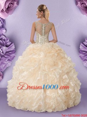 Champagne Ball Gowns Straps Sleeveless Organza Floor Length Zipper Beading and Ruffles Quinceanera Gowns