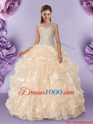 Champagne Ball Gowns Straps Sleeveless Organza Floor Length Zipper Beading and Ruffles Quinceanera Gowns