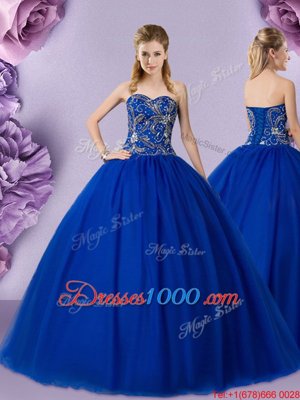 Fashionable Royal Blue Sleeveless Floor Length Beading Lace Up Vestidos de Quinceanera