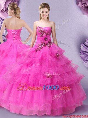Suitable Hot Pink Lace Up 15th Birthday Dress Appliques and Ruffled Layers and Hand Made Flower Sleeveless Floor Length