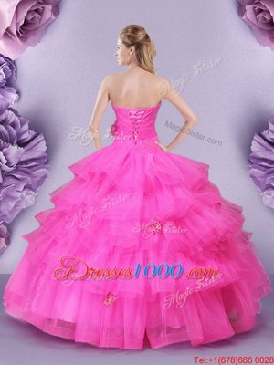 Suitable Hot Pink Lace Up 15th Birthday Dress Appliques and Ruffled Layers and Hand Made Flower Sleeveless Floor Length