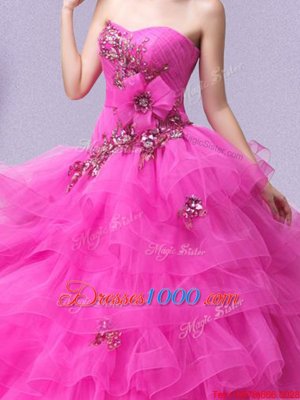 Suitable Hot Pink Lace Up 15th Birthday Dress Appliques and Ruffled Layers and Hand Made Flower Sleeveless Floor Length