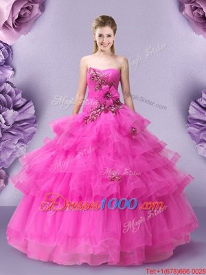 Suitable Hot Pink Lace Up 15th Birthday Dress Appliques and Ruffled Layers and Hand Made Flower Sleeveless Floor Length