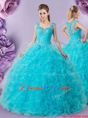 Ideal Straps Straps Floor Length Zipper Quince Ball Gowns Baby Blue and In for Military Ball and Sweet 16 and Quinceanera with Beading and Ruffles