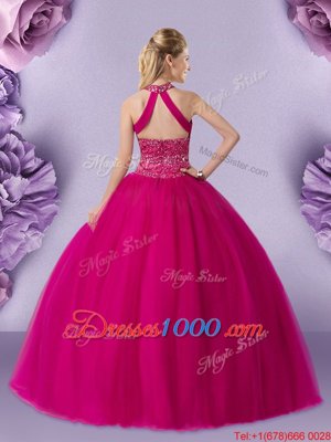 Superior Halter Top Fuchsia Sleeveless Beading Floor Length Quinceanera Dresses